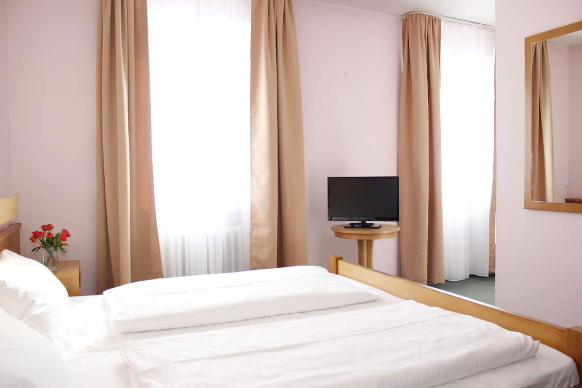 A hotel room with a bed, a television on a small table, and a vase with flowers.