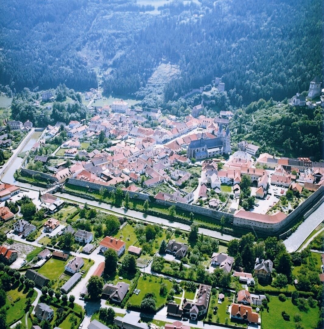 An aerial view of a town with a prominent castle, surrounded by residential buildings and greenery.