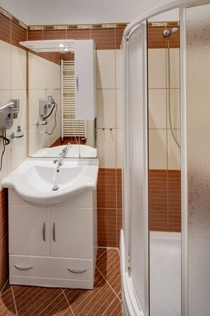 Shower, hair dryer, towels