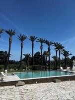 Seasonal outdoor pool, pool umbrellas