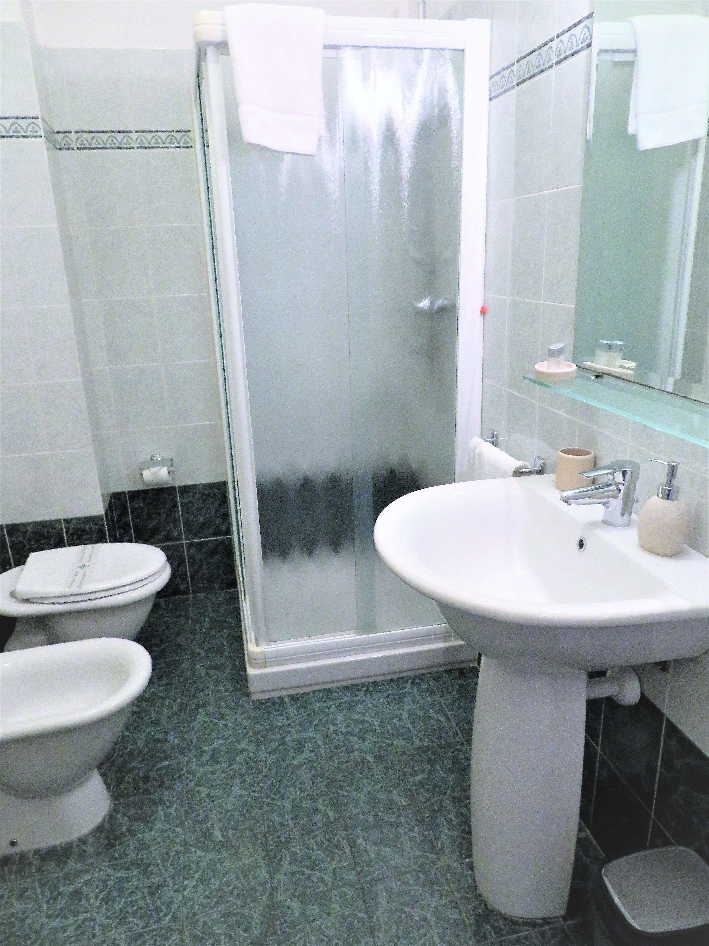 Ein Badezimmer mit Dusche, zwei Toiletten, einem Waschbecken und einem Spiegel.
