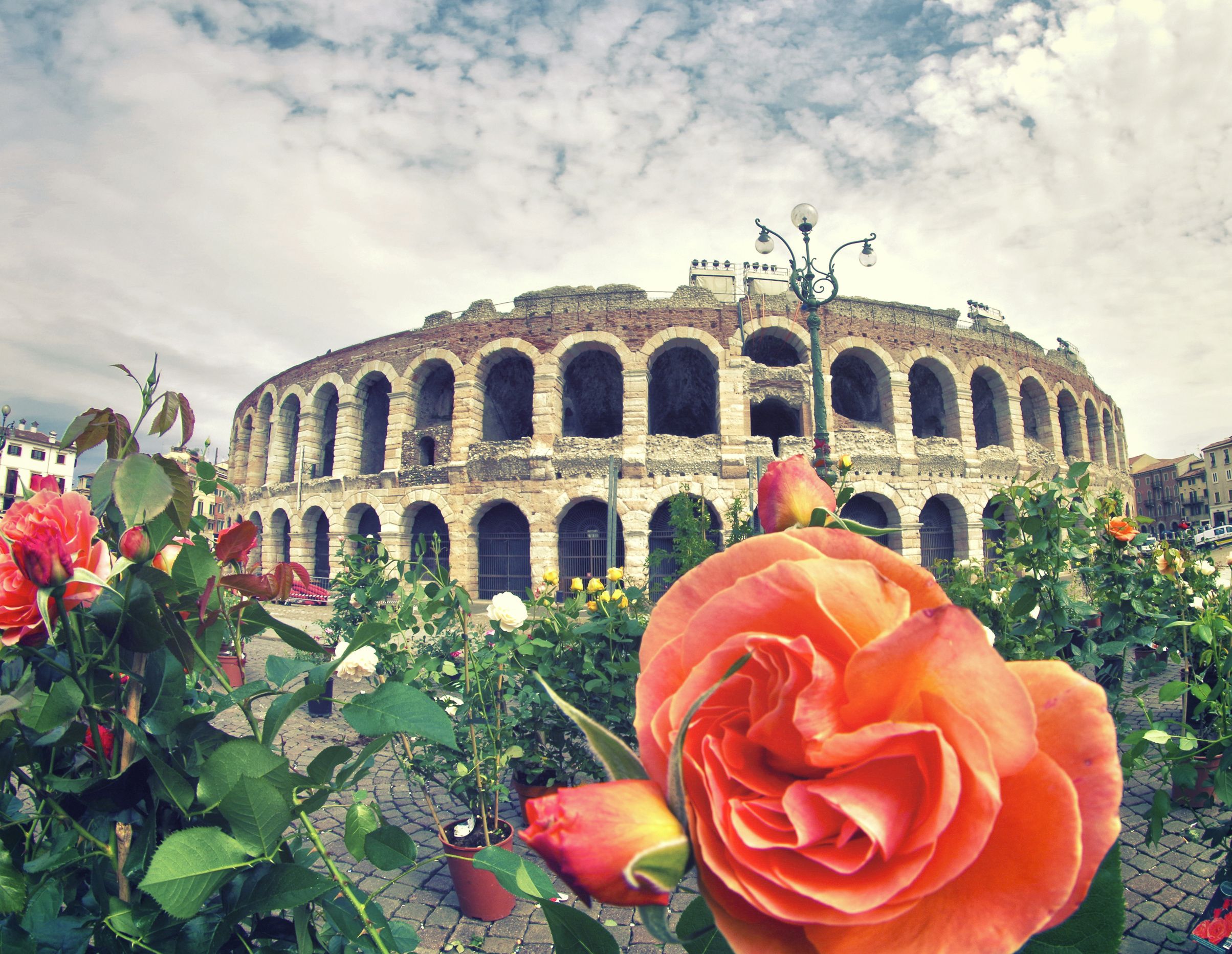 A historic building with multiple arches and a central dome, surrounded by potted plants and flowers.