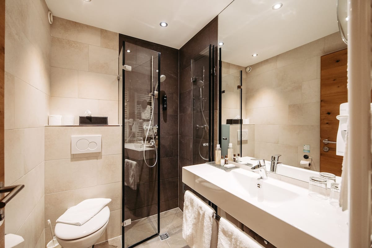business double room | bathroom | shower, free toiletries, hair dryer, towels