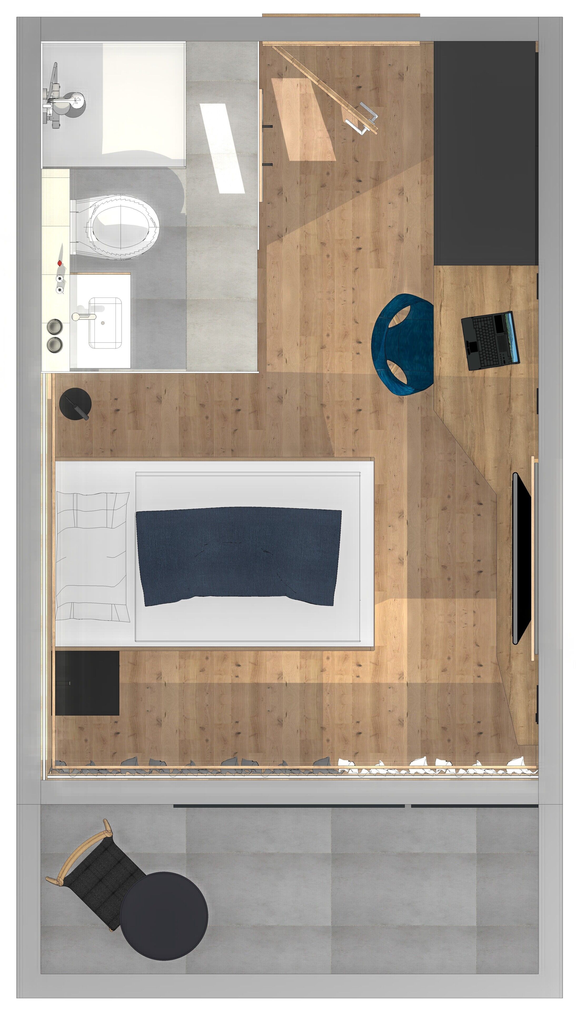 A top-down view of a hotel room with a bed, a desk, a chair, a sofa, a small table, a TV, and a bathroom.