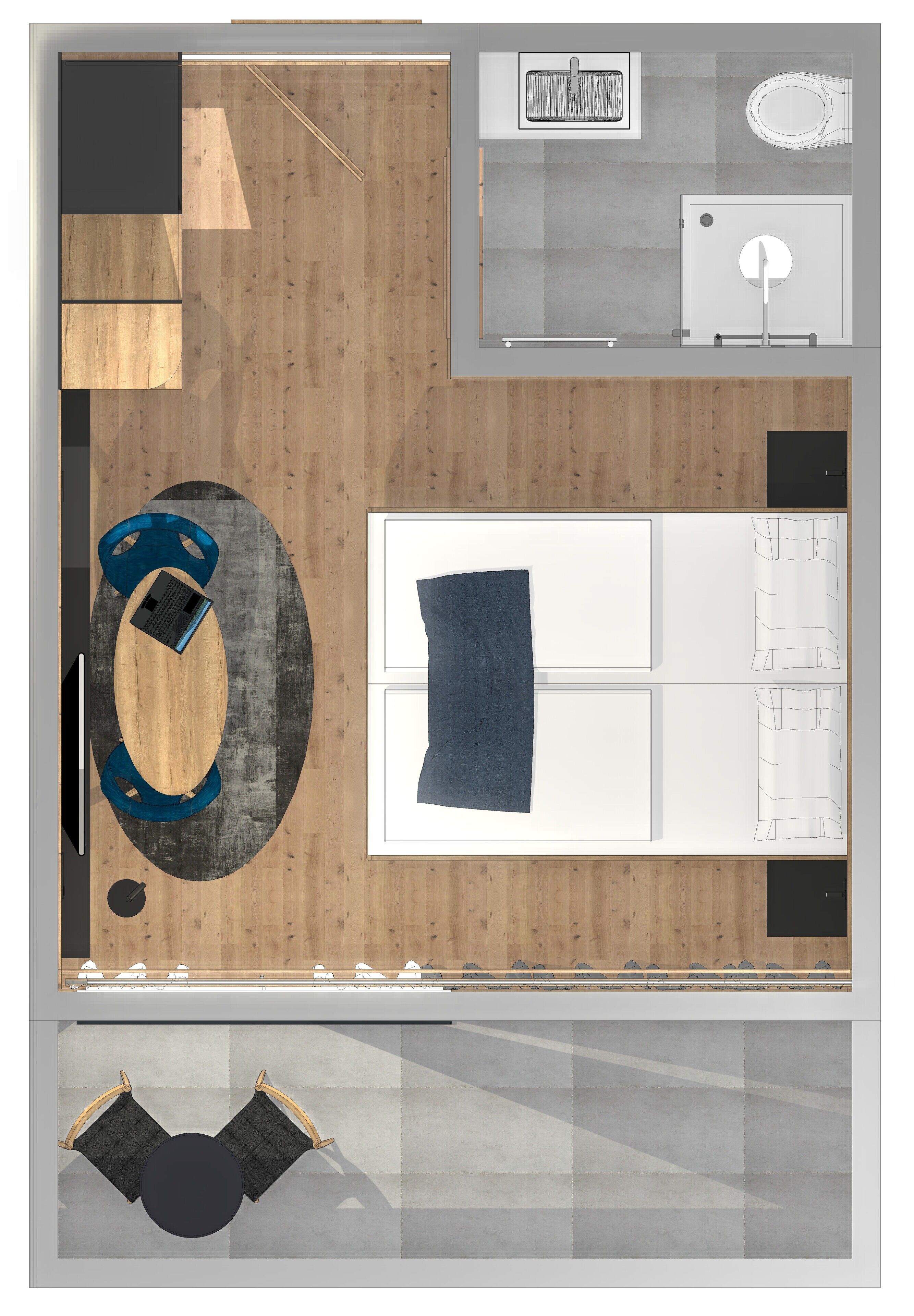 Vista cenital de una habitación de hotel con piso de madera, una mesa redonda con dos sillas, una cama, un escritorio con una silla, una ventana y un baño con inodoro y lavabo.