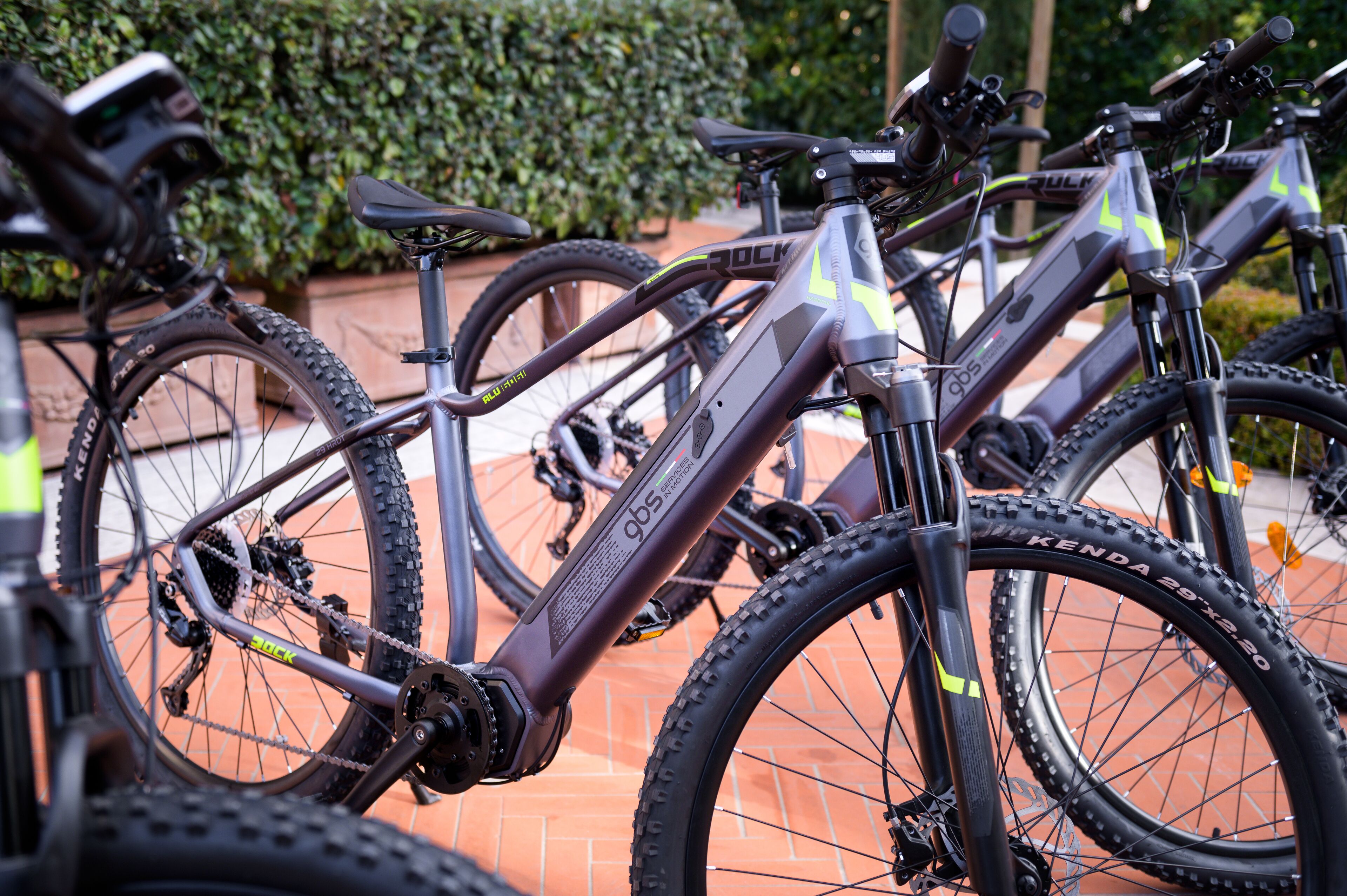 A row of bicycles parked outdoors, with a brick wall and greenery in the background.
