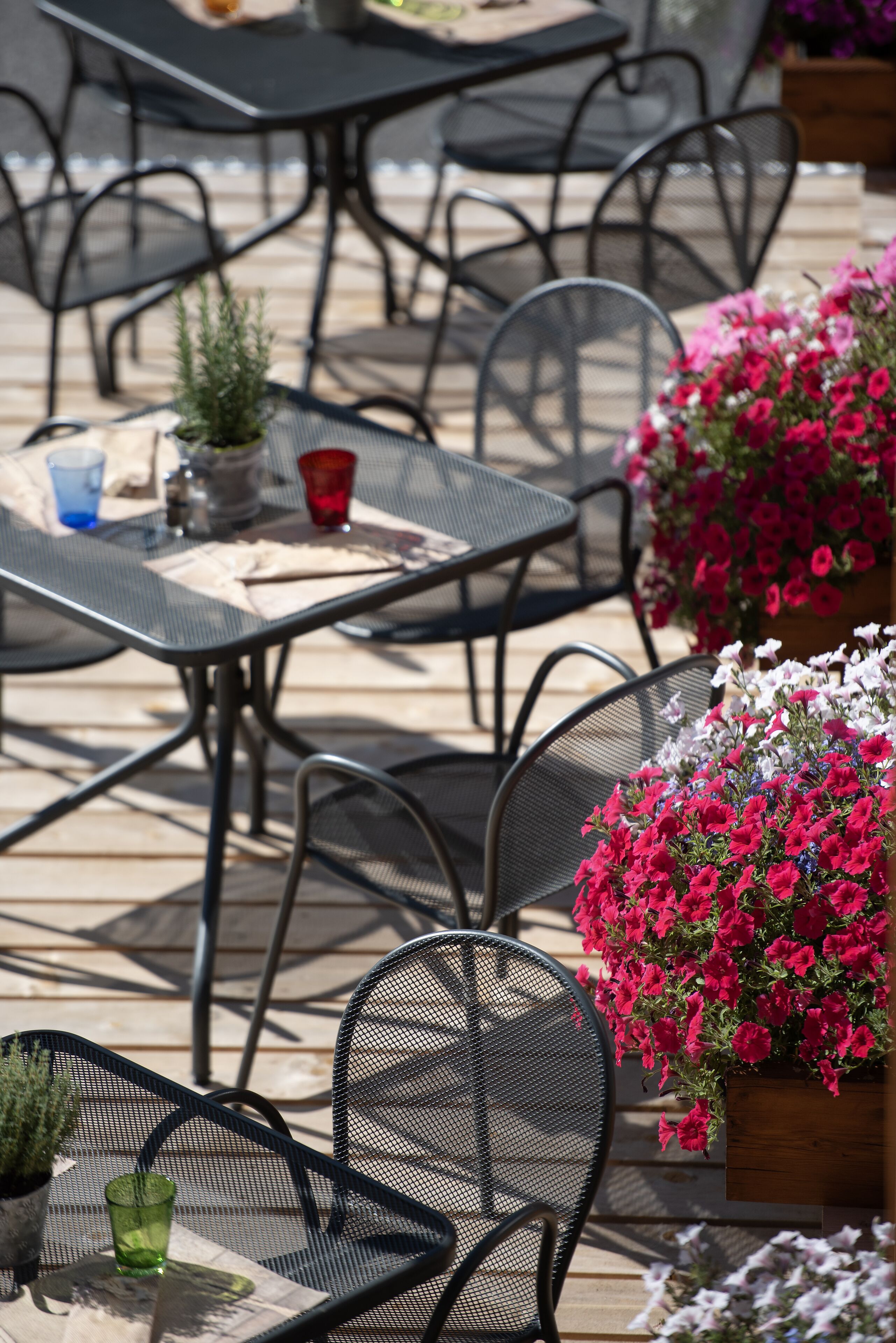 An outdoor patio with metal tables and chairs, a potted plant, and a flower planter with pink flowers.
