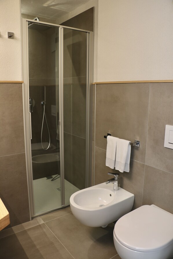 Un baño moderno con ducha cubierta por vidrio, un lavabo blanco y un inodoro.