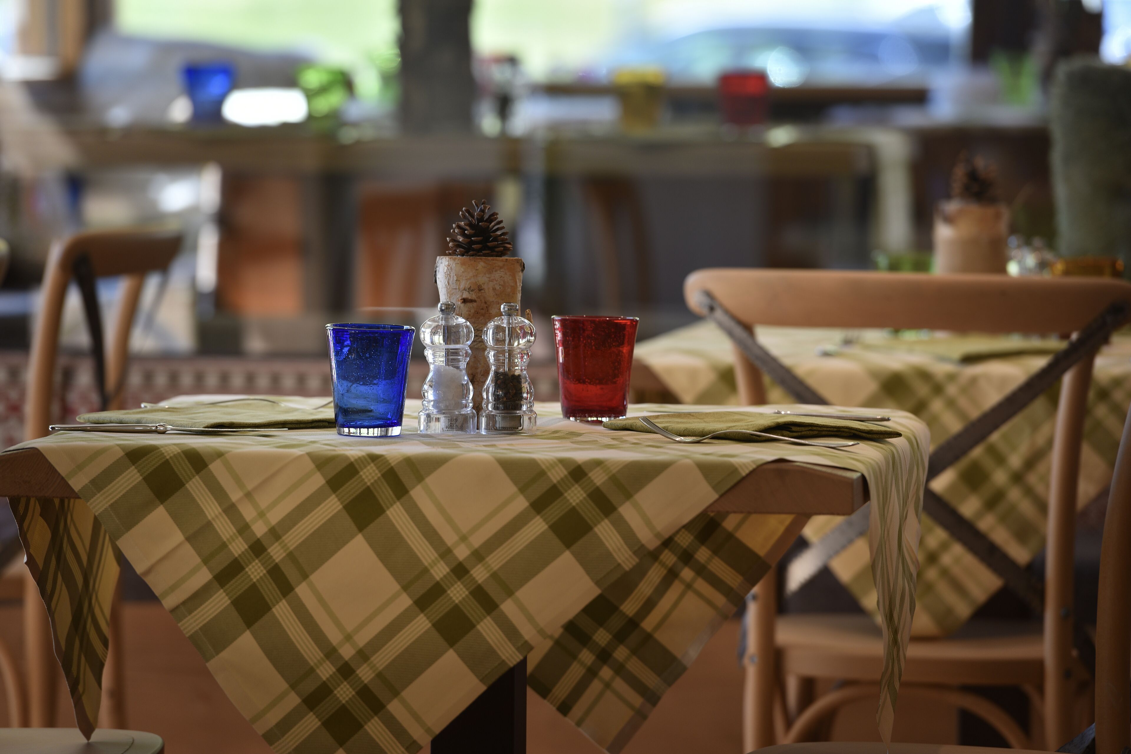 A dining table with a plaid tablecloth, salt and pepper shakers, and two glasses.