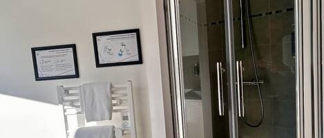 A modern bathroom with a glass-enclosed shower, a towel rack, and two informational posters on the wall.