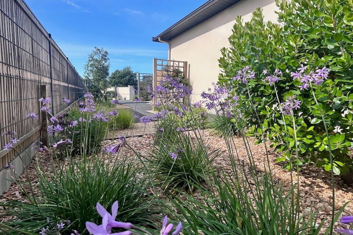 Ein Garten mit violetten Blumen und ein Gebäude mit weißer Fassade.