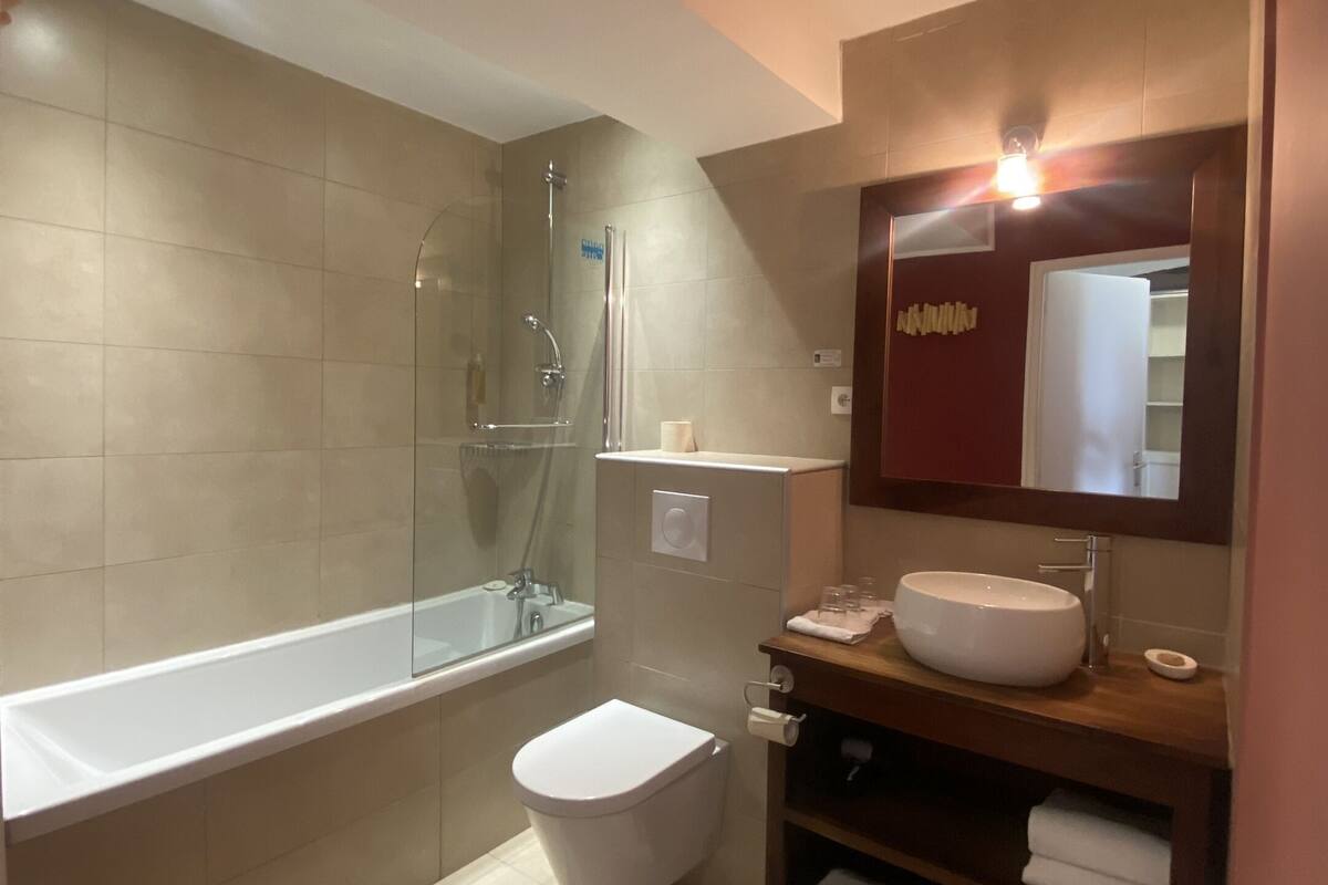 A modern bathroom with a glass-enclosed shower, a toilet, a sink with a mirror, and a towel rack.