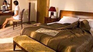 A bedroom with a bed, a chair, a desk, and a mirror. - Villa Belvedere (Belgrade)