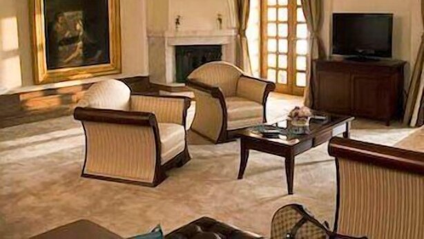 A living room with a fireplace, a television, and a large painting. - Villa Belvedere (Belgrade)