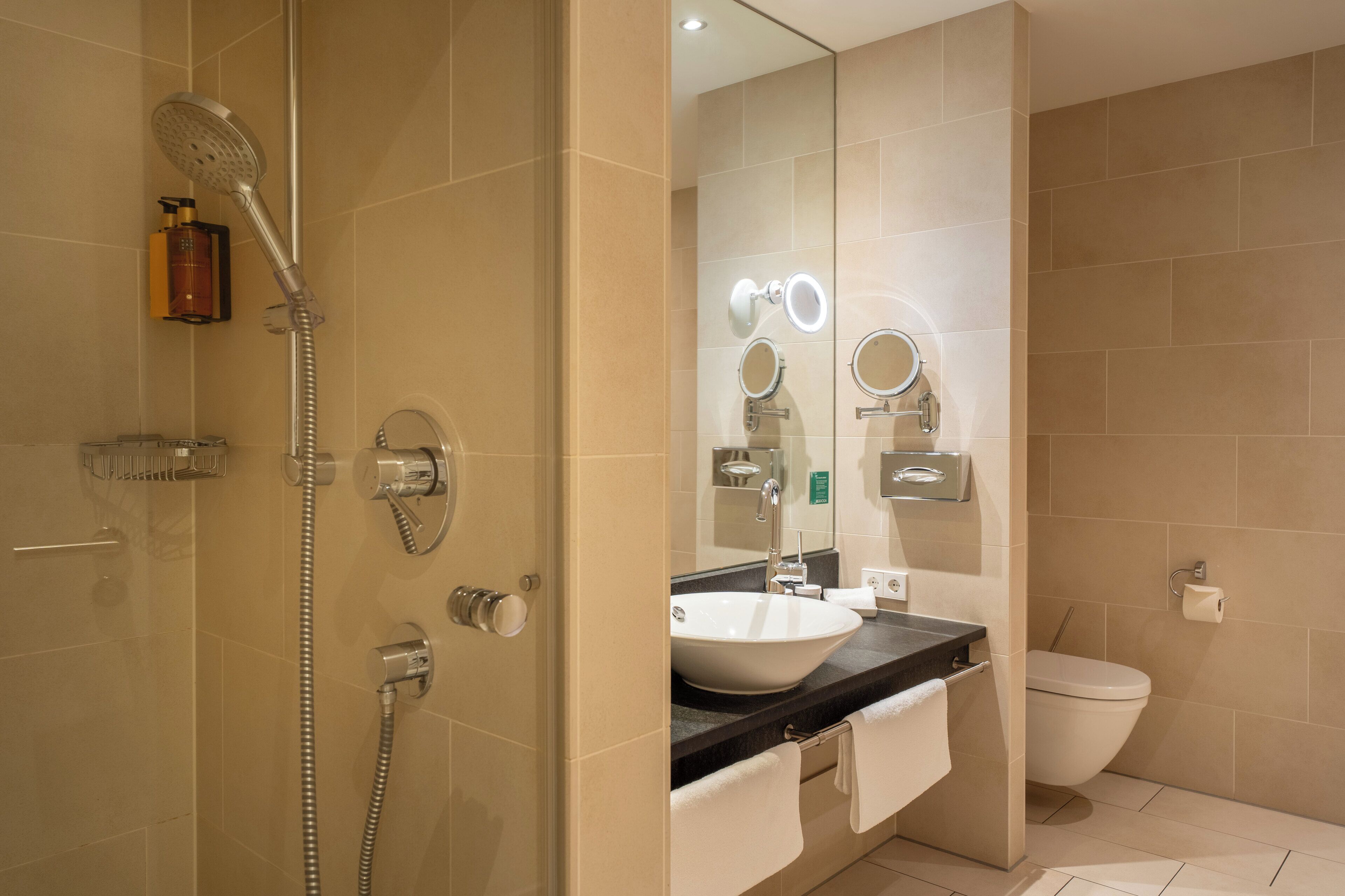 Un baño moderno con ducha de vidrio, lavamanos con espejo y un inodoro.