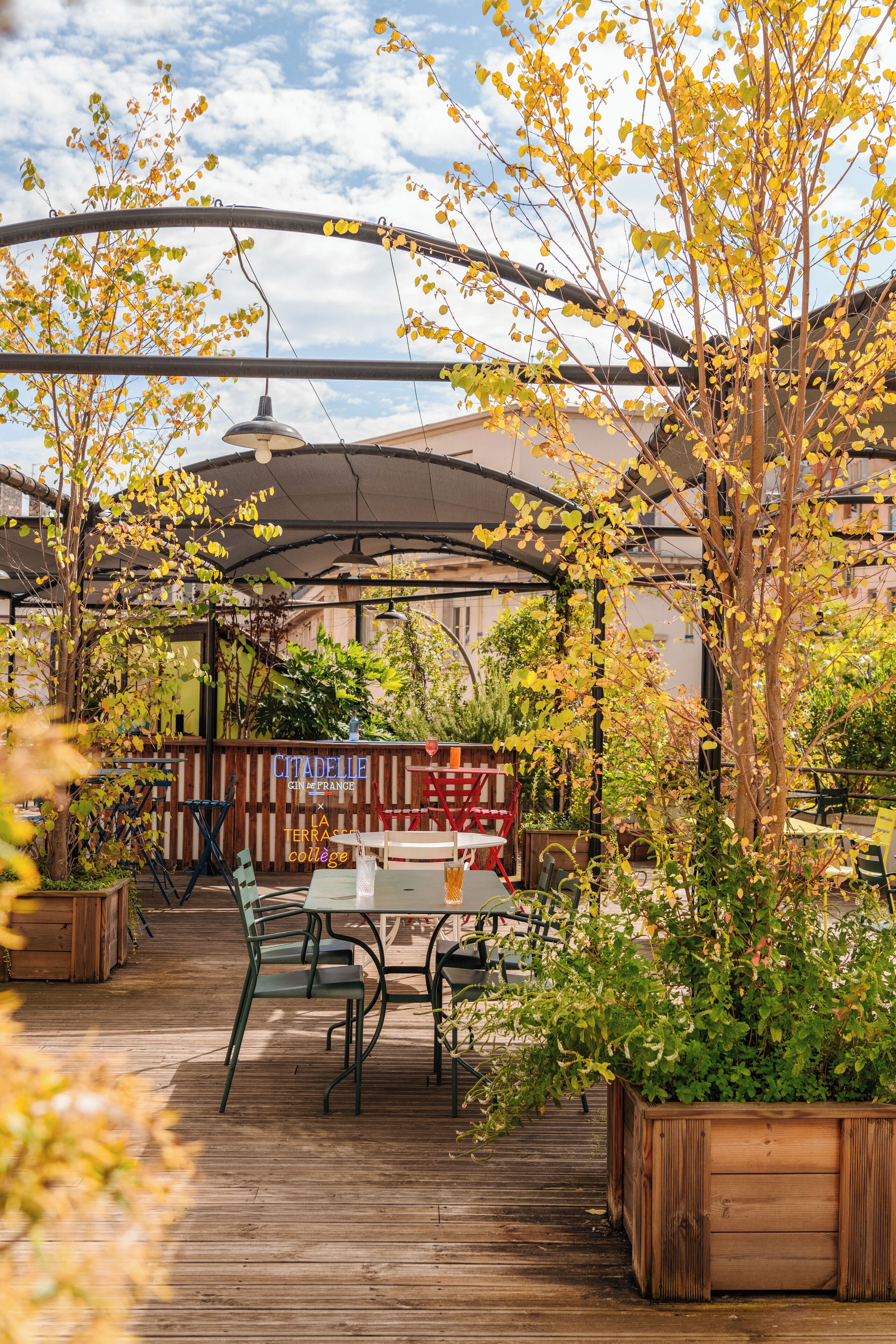 Un espace extérieur aménagé avec des tables et des chaises, entouré de verdure et doté d’une terrasse en bois.