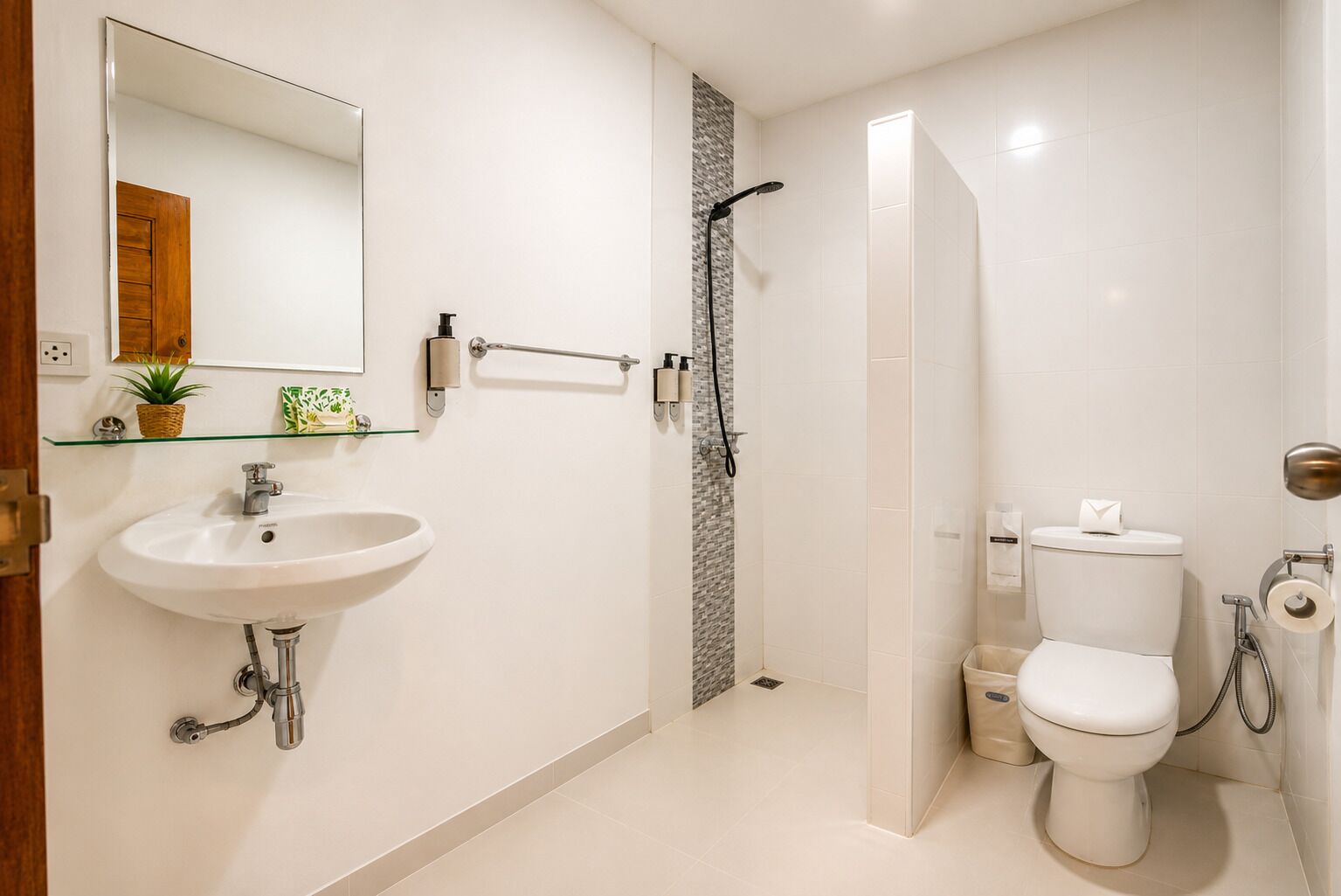 A modern bathroom with a white sink, a toilet, a shower, and a glass shelf with a plant.