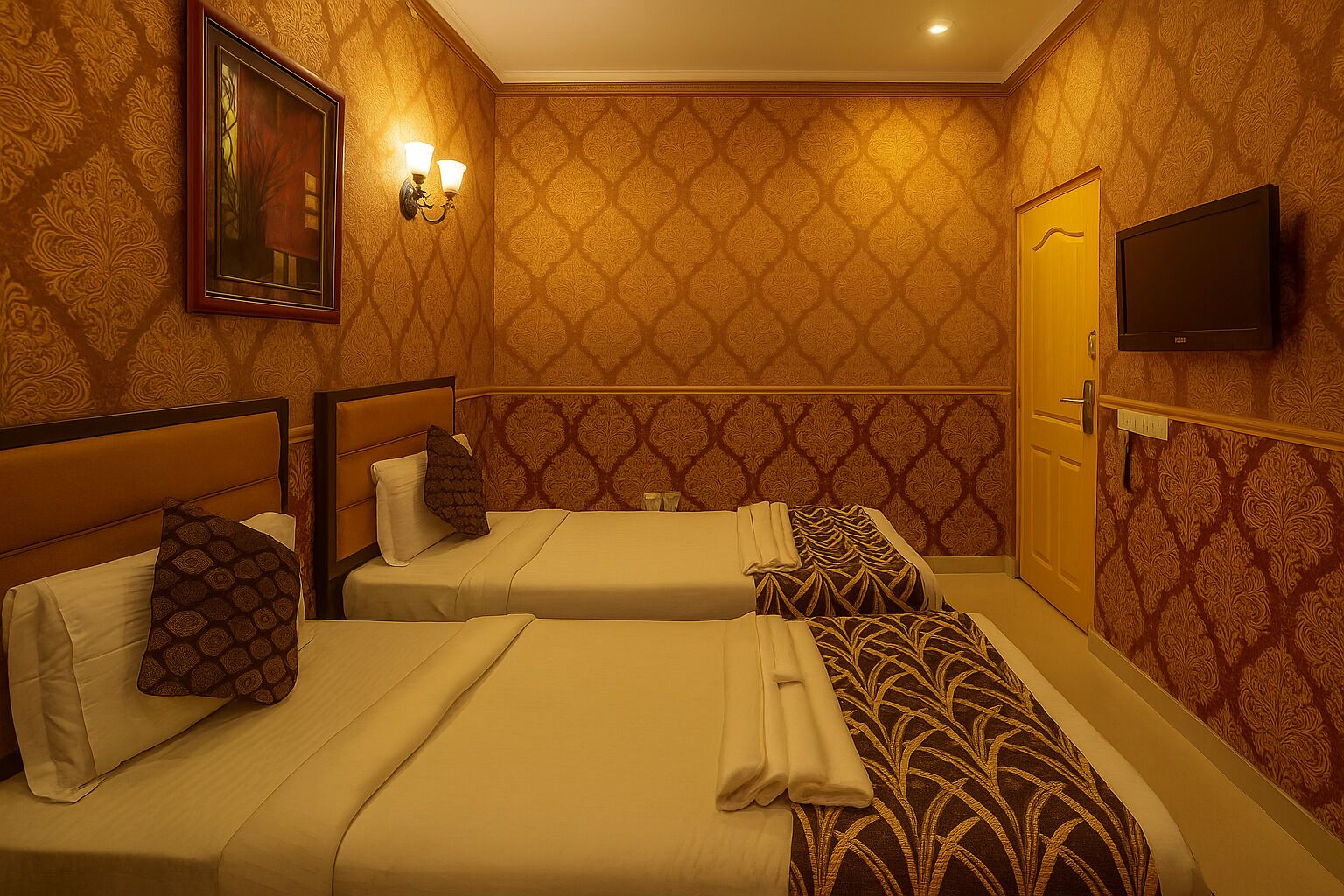 A hotel room with two beds, a TV, and a mirror on the wall.