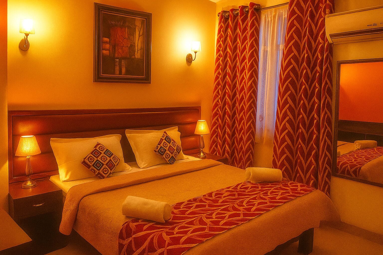 A hotel room with a bed, two bedside lamps, a painting on the wall, and patterned curtains.