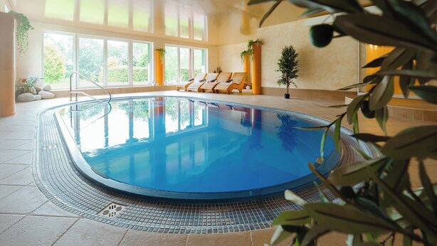 An indoor swimming pool with clear glass walls, wooden loungers, and potted plants. - Seeberg (Poustka)
