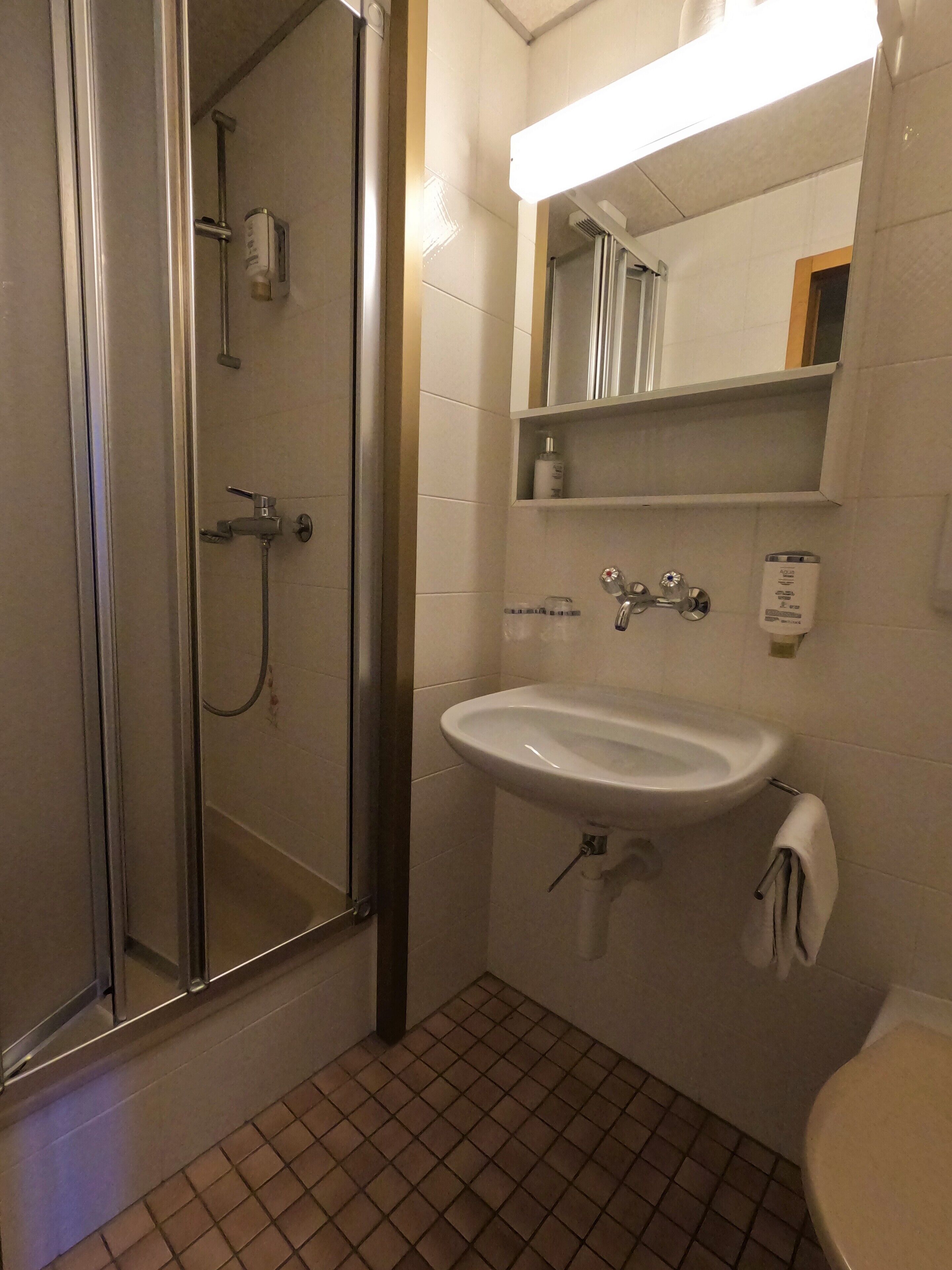 A bathroom with a glass-enclosed shower, a white sink, and a mirror above the sink.