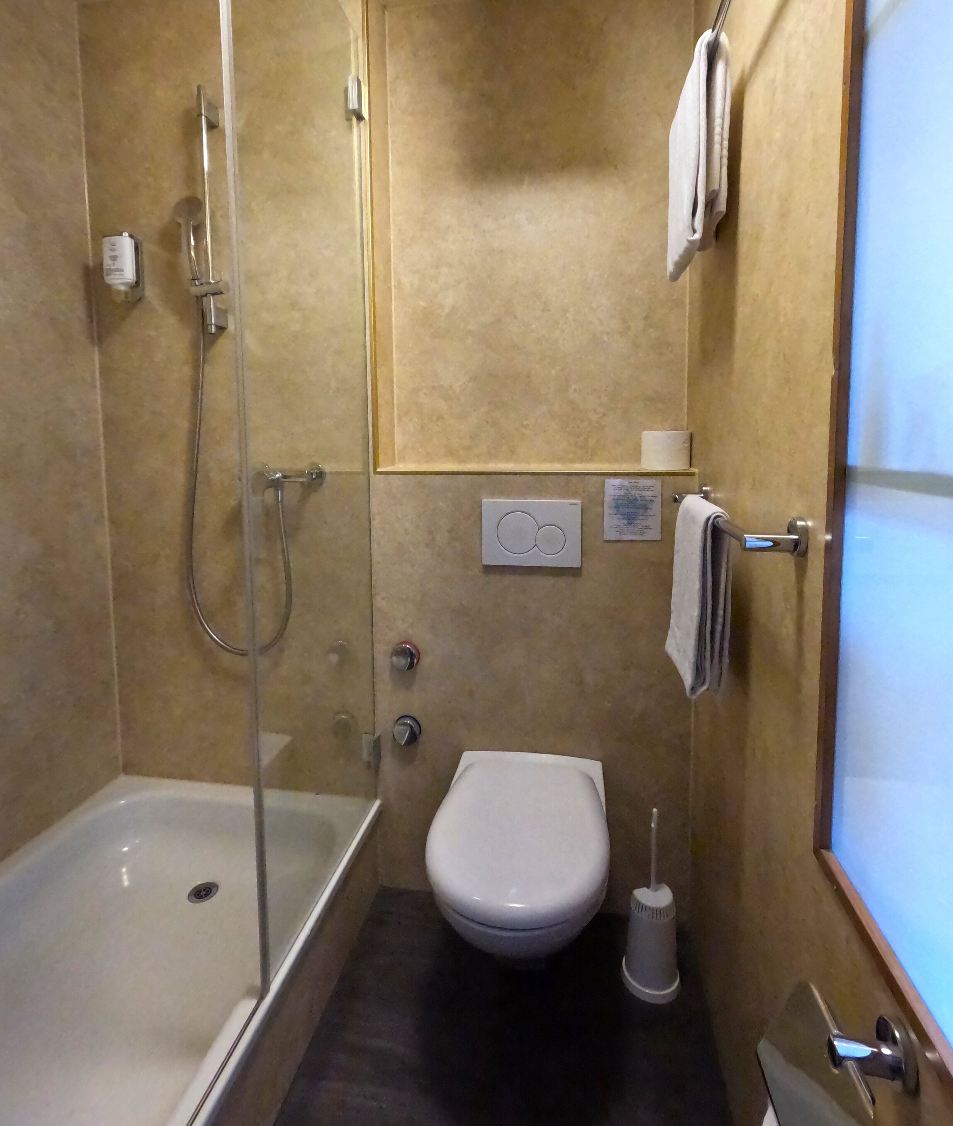 Un baño pequeño y moderno con ducha, inodoro y toallero.