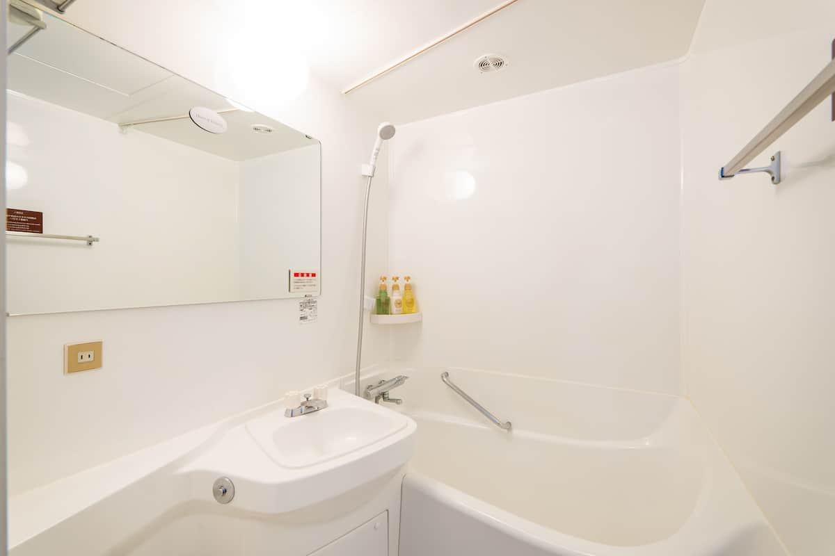 combined shower/bathtub, free toiletries, hair dryer, slippers