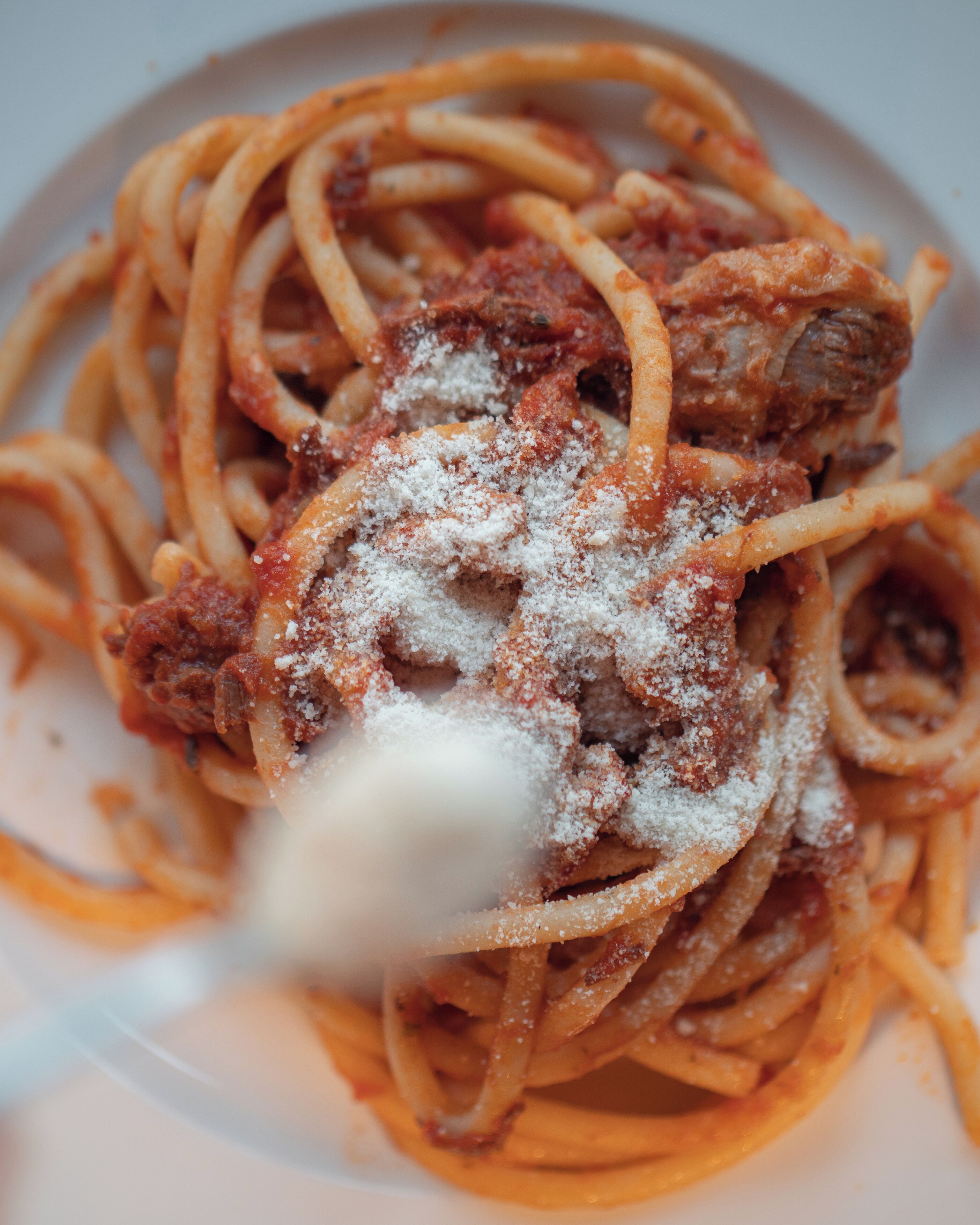Een close-up van spaghetti met tomatensaus en geraspte kaas.
