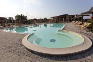 Outdoor pool, pool umbrellas, pool loungers