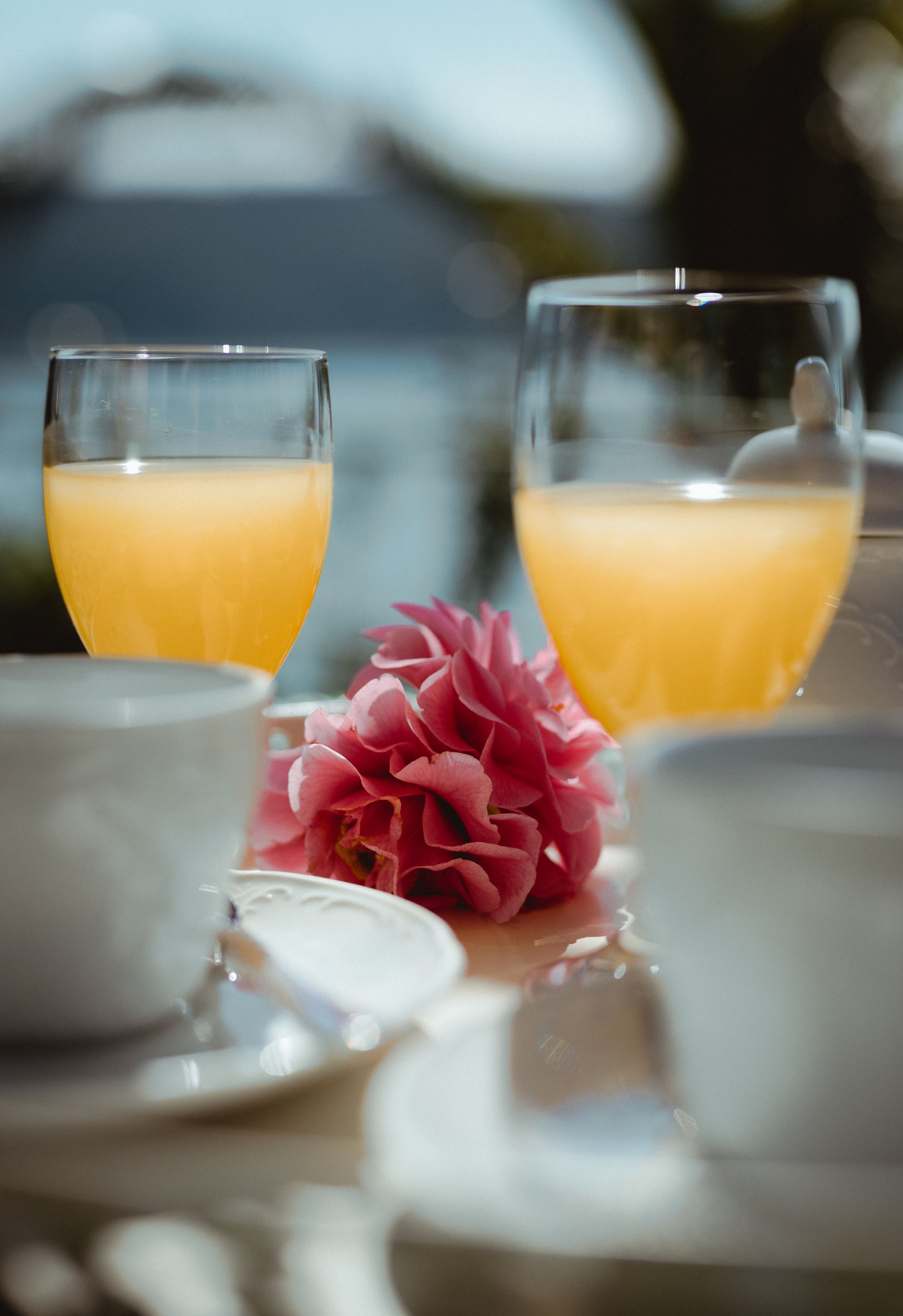 Två glas apelsinjuice står på ett bord tillsammans med en vit kopp och ett tillhörande fat, samt en rosa blomma.