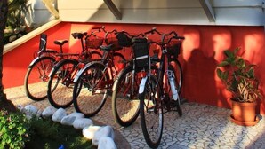 A row of bicycles parked against a red wall, with a potted plant to the right. - Ambassador (Tortoreto)