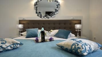 Desk, laptop workspace, blackout curtains, iron/ironing board