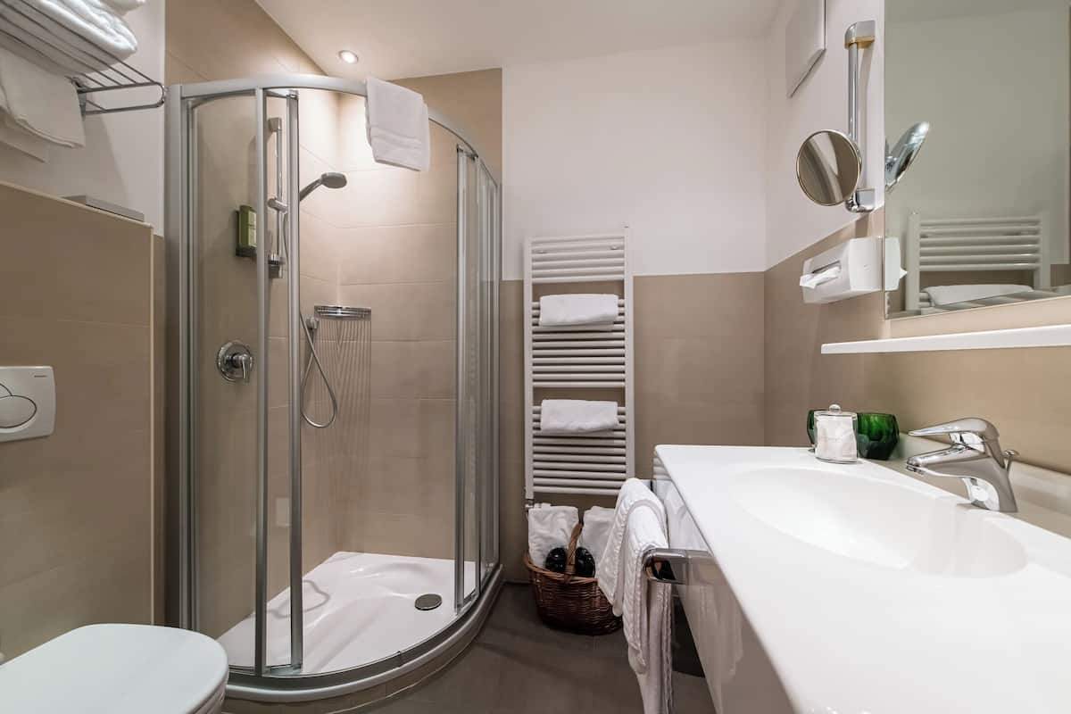 standard double room | bathroom | shower, hair dryer, bathrobes, slippers