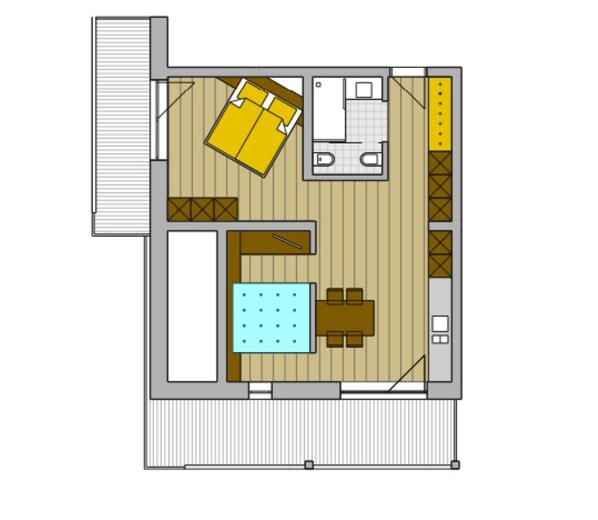 A floor plan of a hotel room with a pool, a dining area, a bathroom, and a kitchenette. - Garni Residence Alnö - Adults Only (Marebbe)