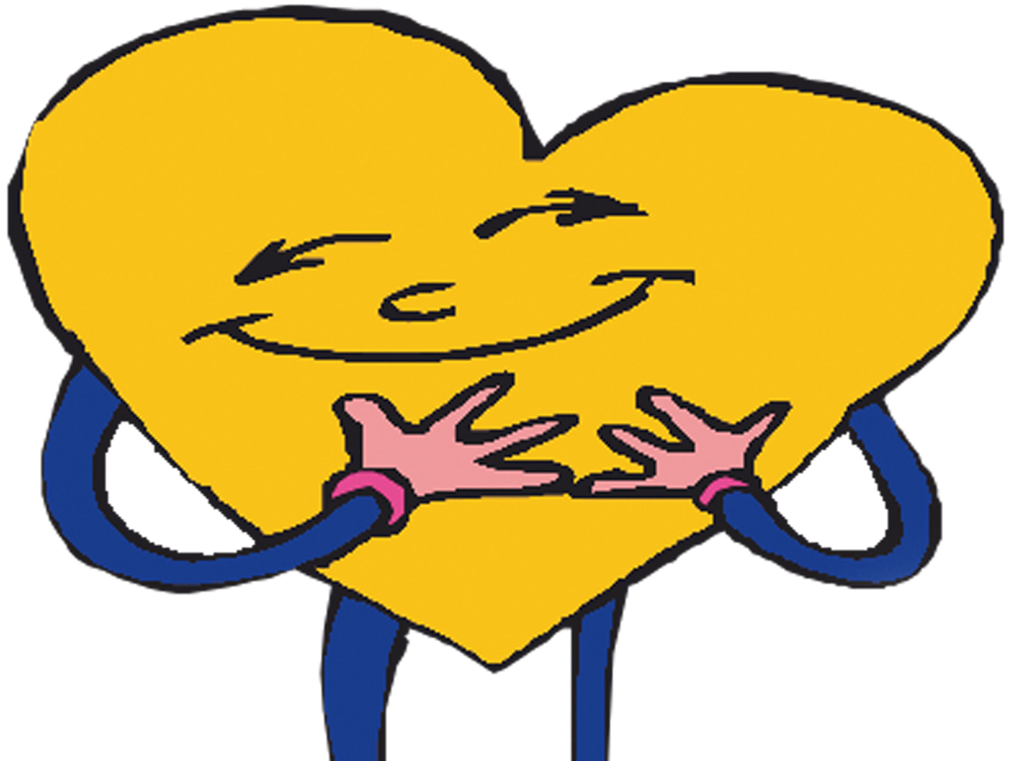 A yellow heart-shaped figure with a smiling face and hands clasped together.