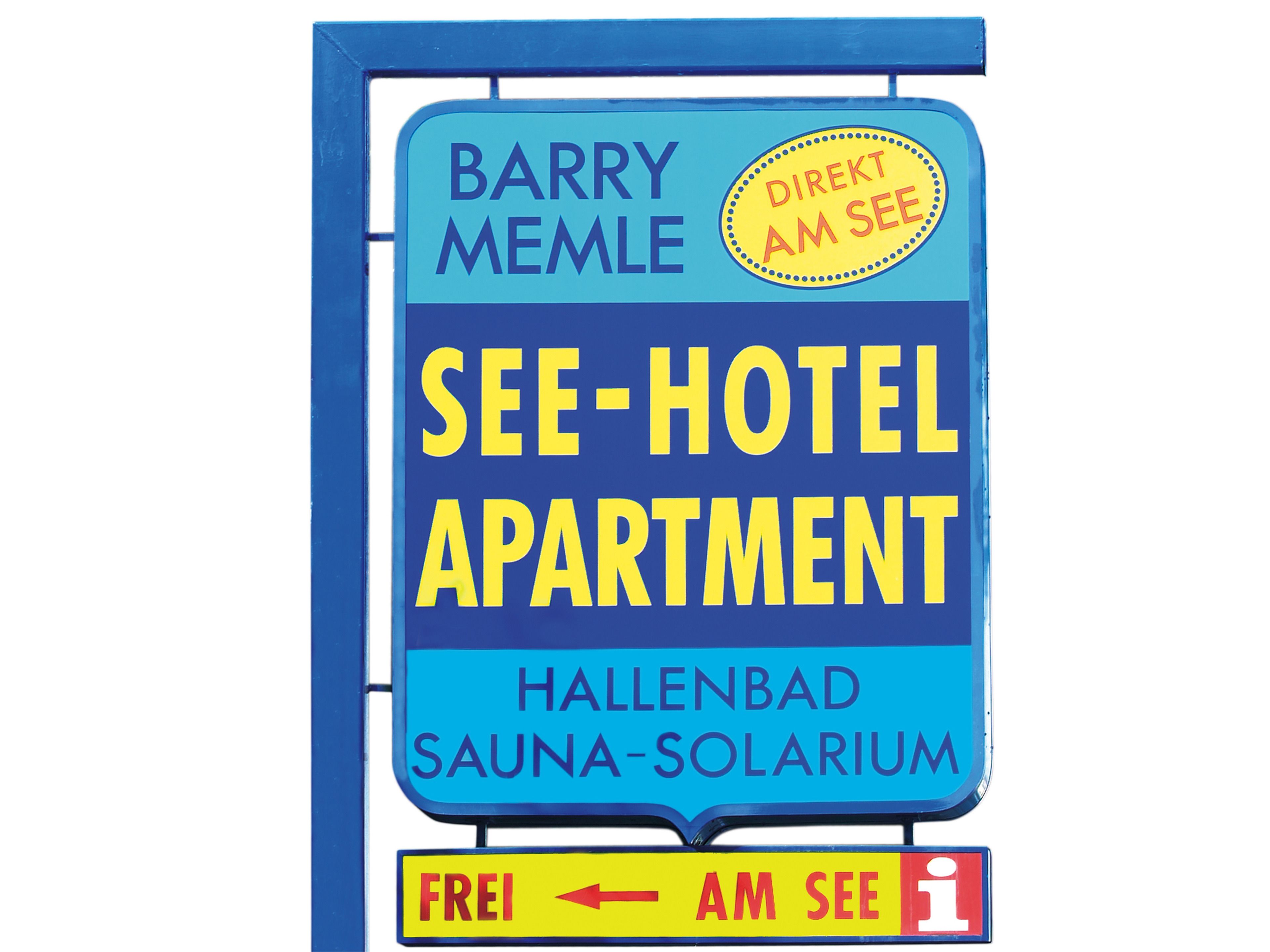 Señal para el Apartamento See-Hotel en Hallenbad, con la etiqueta 'Direkt AM SEE' y una flecha que indica 'Libre'.