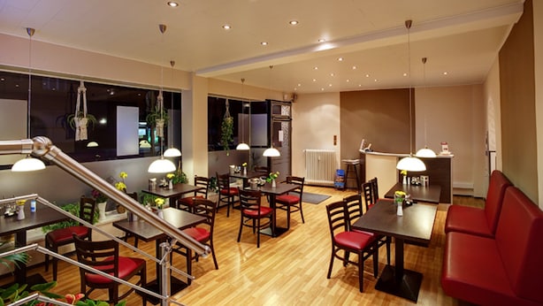 A dining area with wooden tables and chairs, a red sofa, and hanging plants. - Kallmeyer (Berlin)