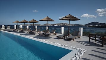 Seasonal outdoor pool, pool umbrellas, pool loungers