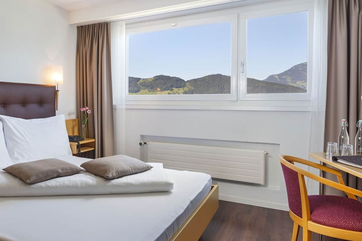 Hotelkamer met een bed, een bureau, een stoel, een raam met uitzicht op heuvels en een radiator.