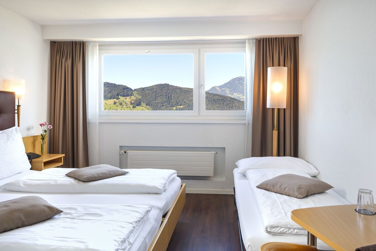 Quarto de hotel com duas camas, vista para montanhas, um radiador e uma luminária.