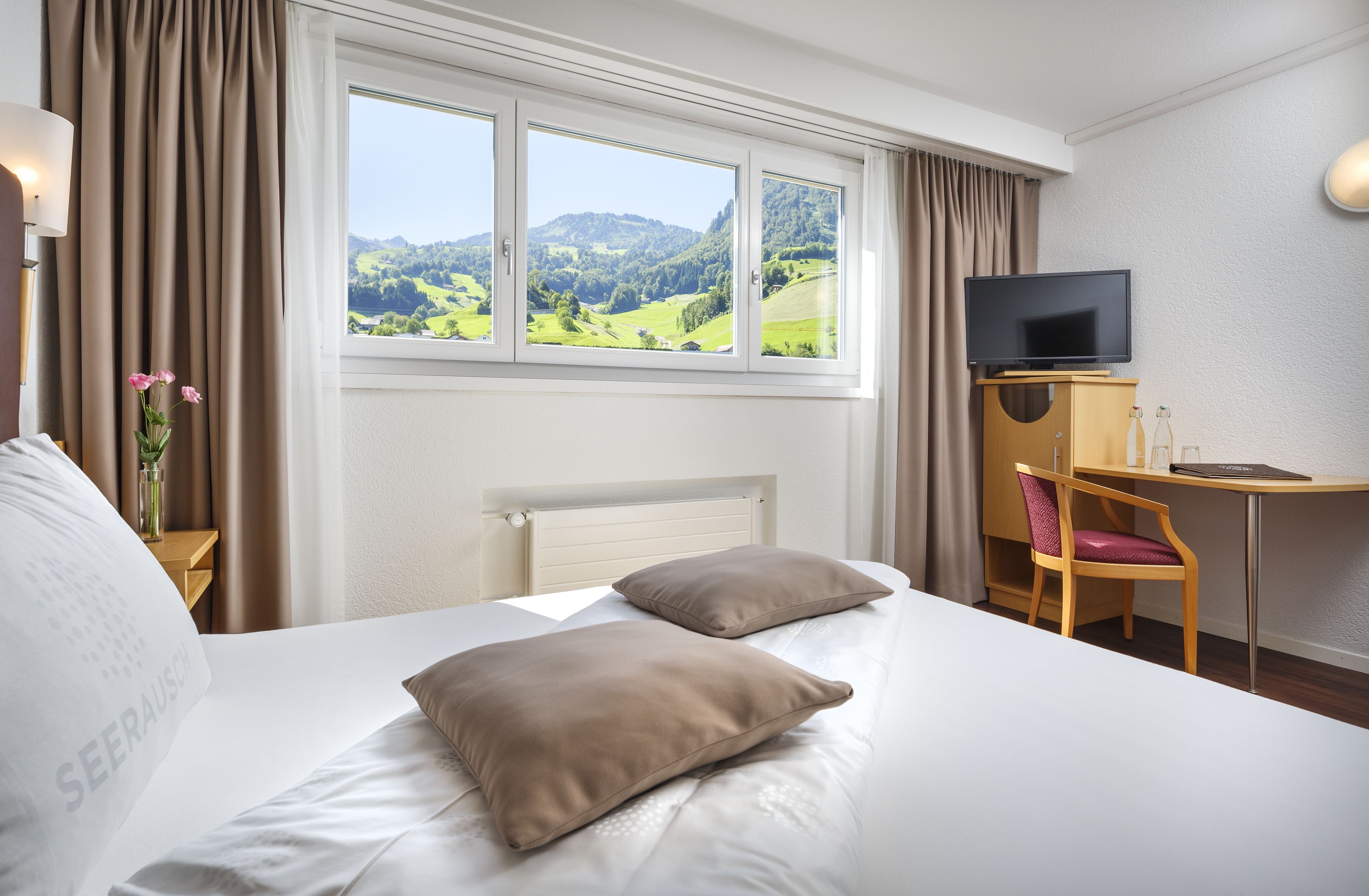 A hotel room with a bed, a desk, a chair, a TV, and a window with a view of green hills.