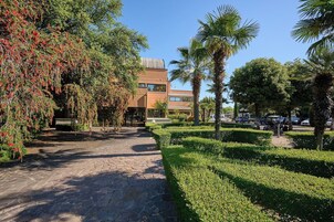 A paved pathway leading to a building with a modern architectural style, surrounded by well-maintained hedges and palm trees.
