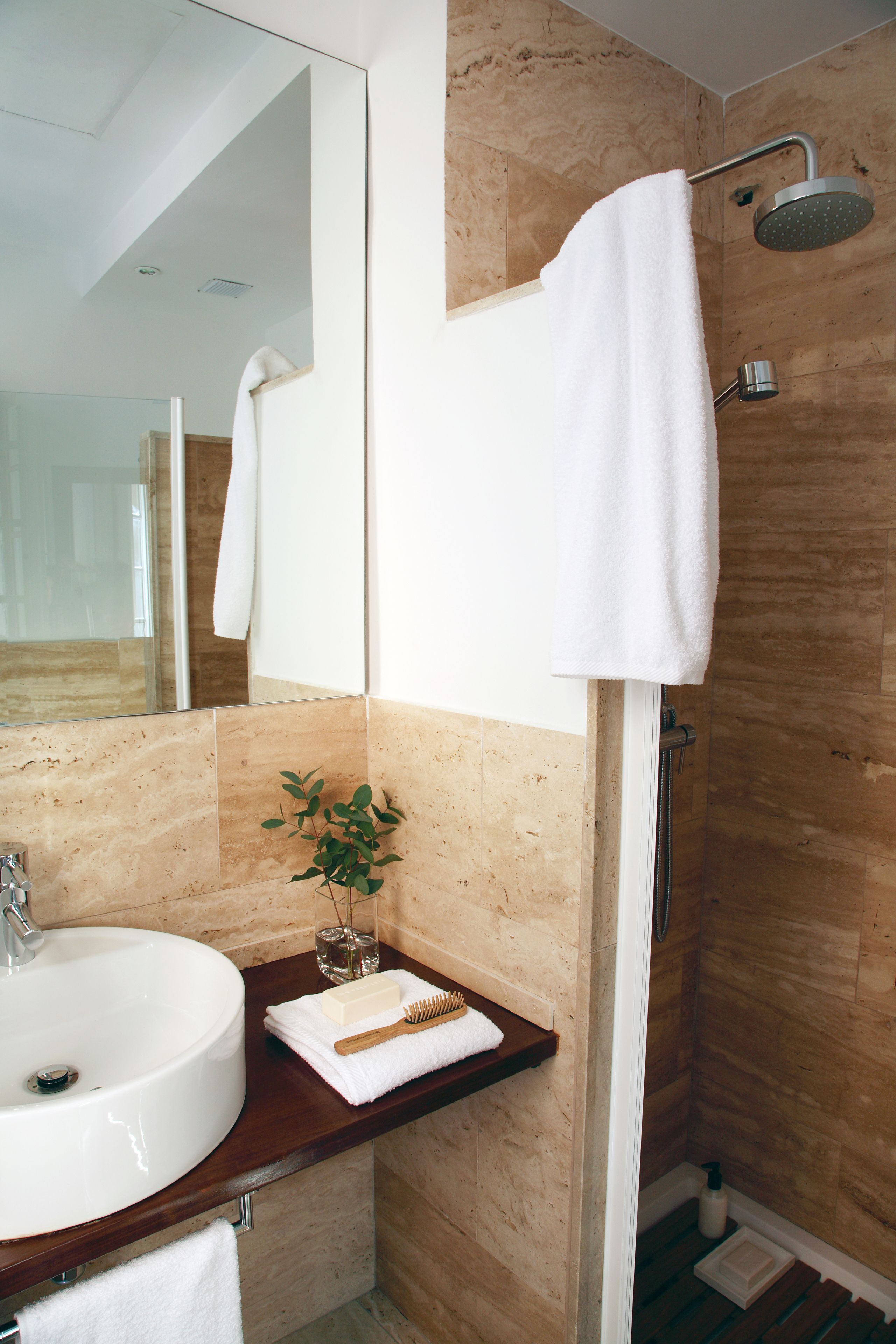 A bathroom with a sink, mirror, towel rack, shower, and a small plant on the counter.