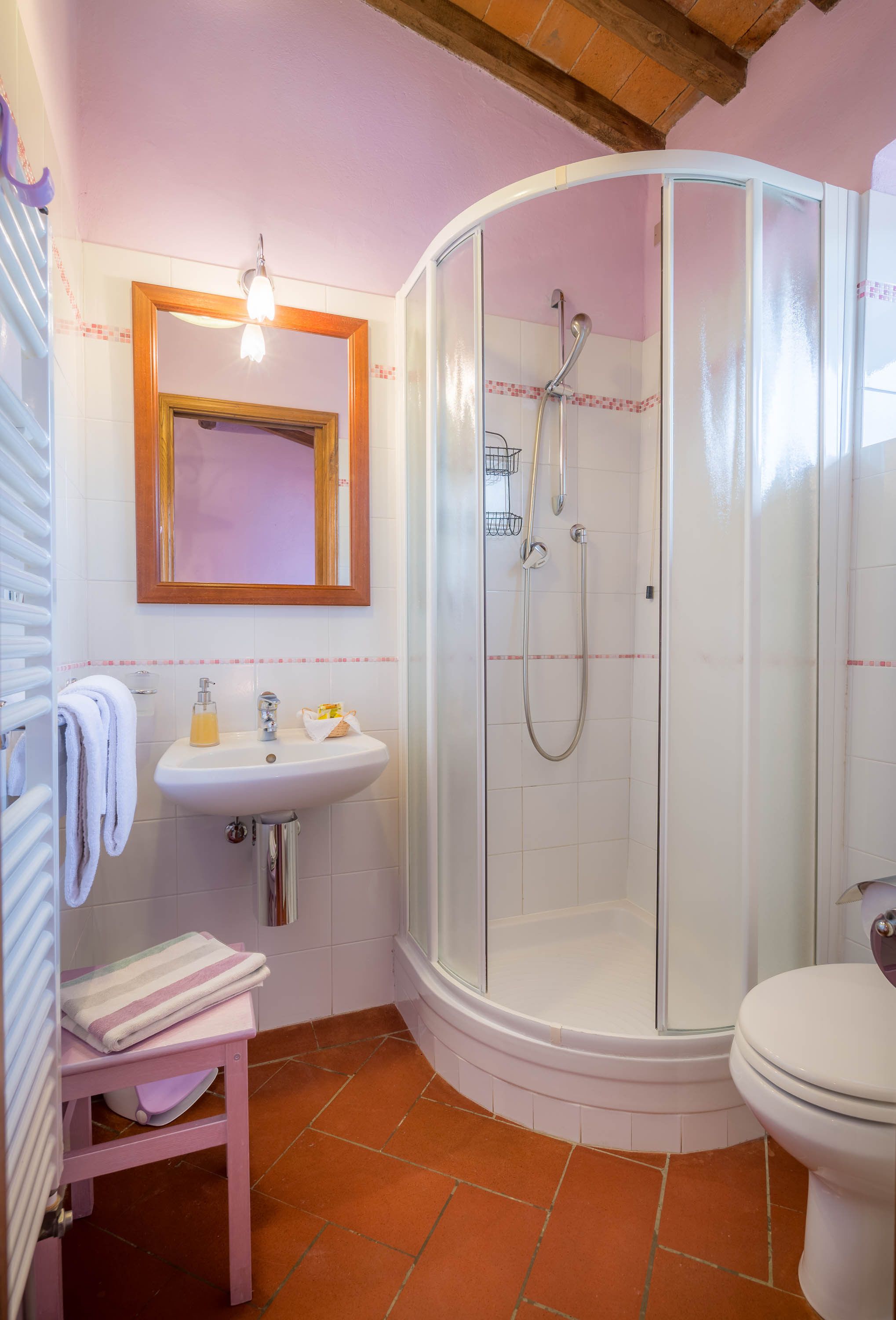 A bathroom with a shower, sink, toilet, and a towel rack.