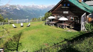 Un chalet rustique en bois avec un toit vert, une terrasse dotée de chaises longues et de parasols, et une vue sur les montagnes en toile de fond.