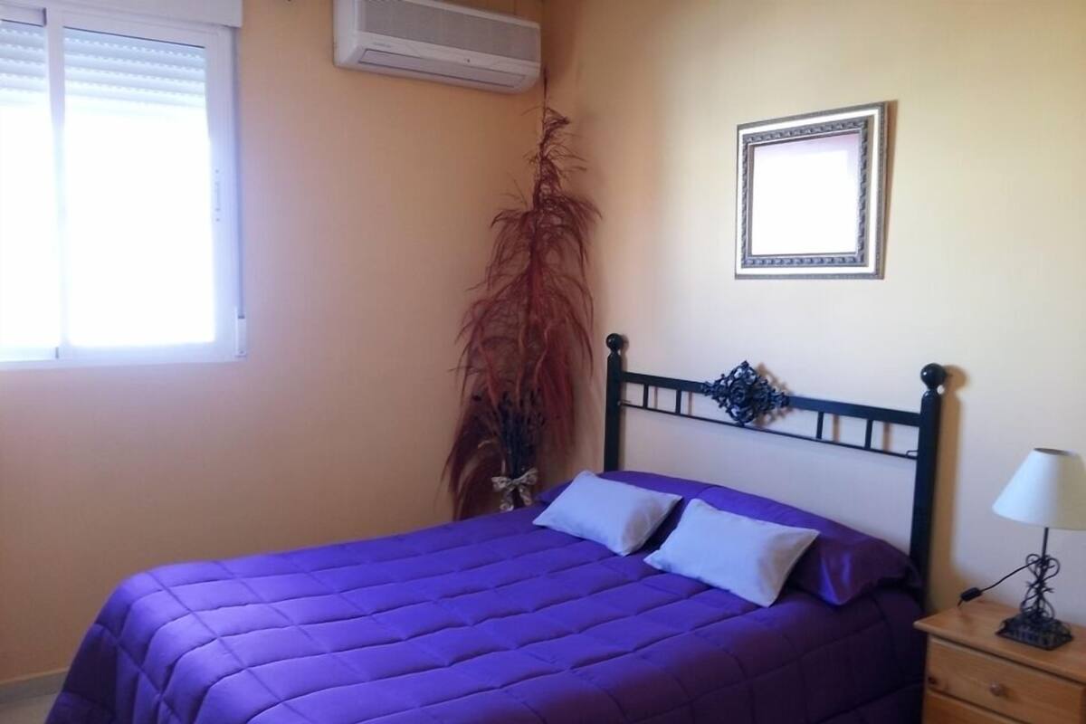 A bedroom with a purple bedspread, a bedside lamp, a framed picture on the wall, and a window with blinds.