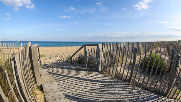 Una pasarela de madera que conduce a una playa con vista clara al océano.