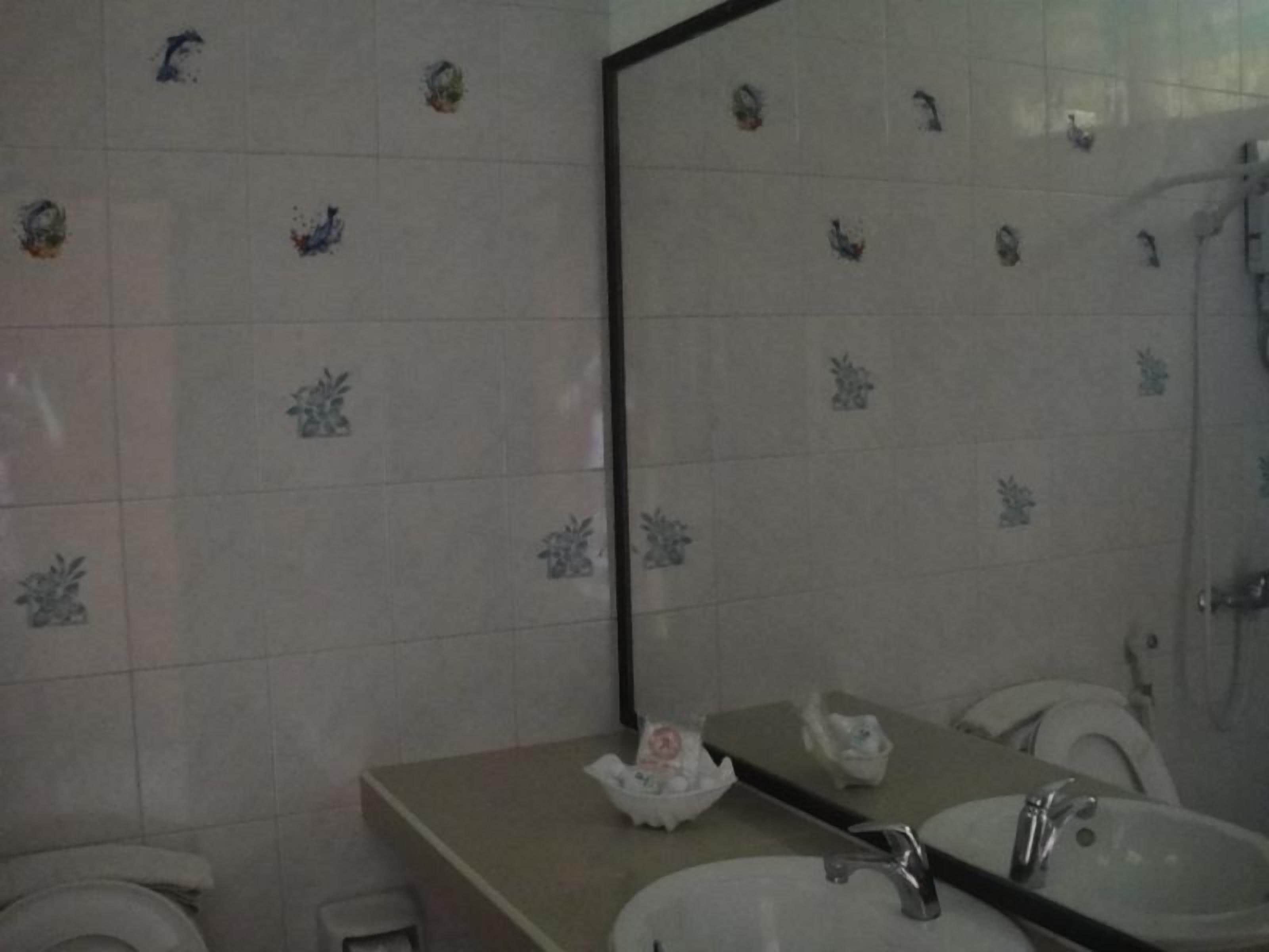 A bathroom with a toilet, sink, and shower. The walls have floral tile patterns.