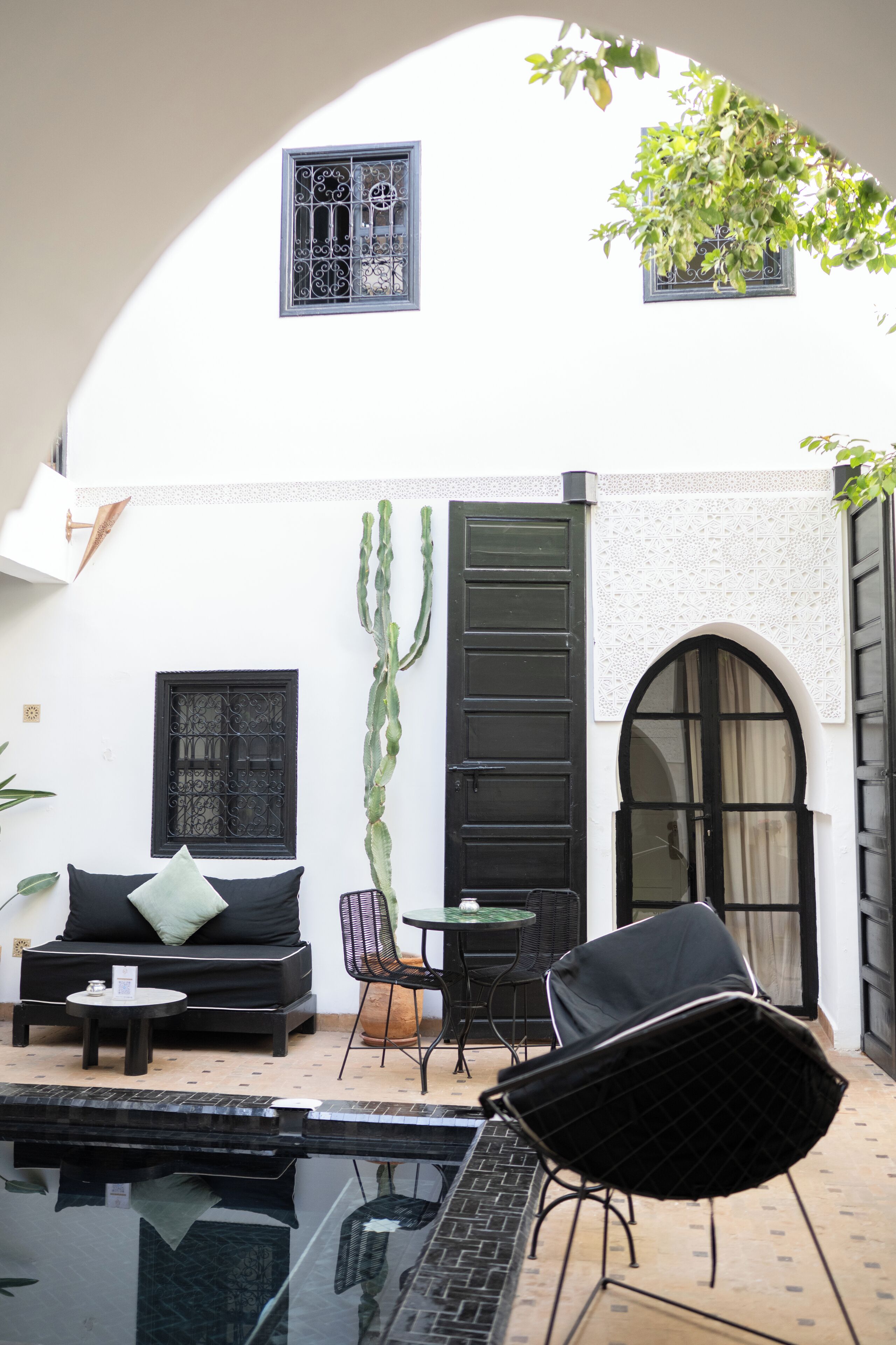 Un patio con piscina, muebles negros y un cactus.