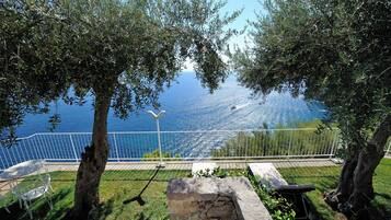 Una terrazza con vista su un lago, circondata da ulivi e un parapetto bianco.